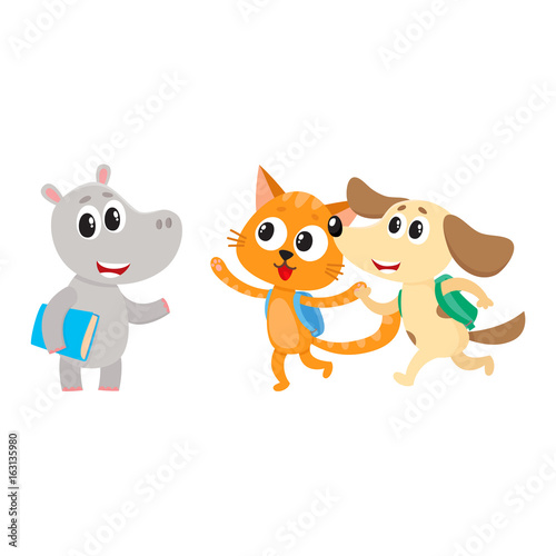 Cute animal student characters, hippo meeting cat and dog hurrying to school, cartoon vector illustration isolated on white background. Little animal student characters, back to school concept