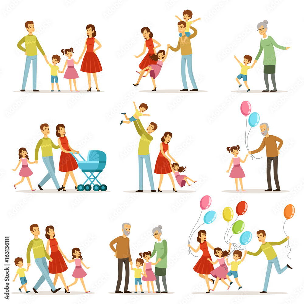 Big happy family with mother, father, grandmother and grandfather. Two smiling kids. Vector characters set in cartoon style