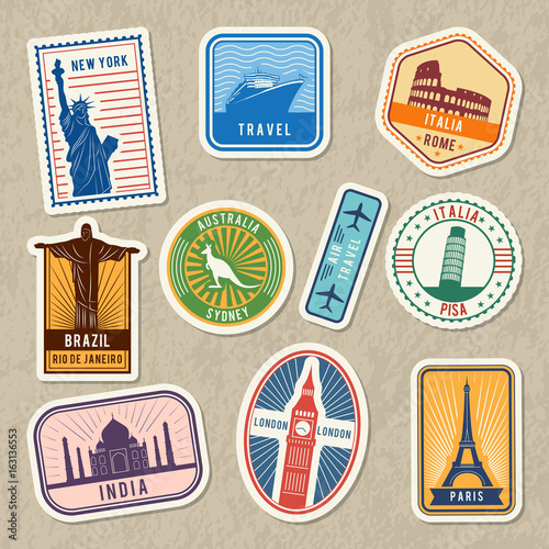 Travel stickers set with different worldwide architectural symbols. Vector labels with grunge texture