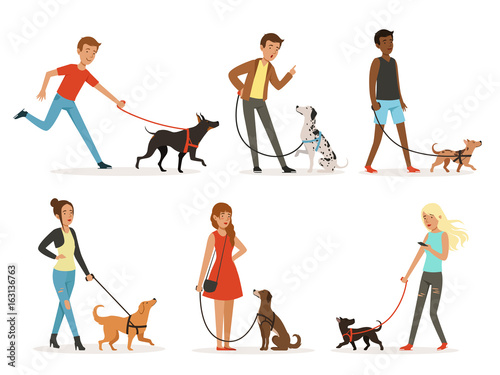 Animal friendship. Happy people walking with funny dogs. Illustrations in cartoon style