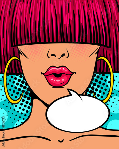 Wow face. Sexy surprised young woman  with open mouth,  pink hair with a long fringe covering her eyes and empty speech bubble. Vector bright background in pop art retro comic style.