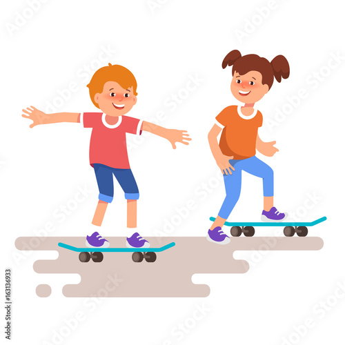 Vector illustration happy teenager boy and girl child skate skateboarding on blue background isolated flat cartoon style