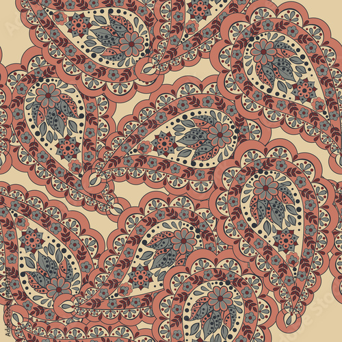 Floral seamless pattern with paisley ornament. Vector illustration in asian textile style