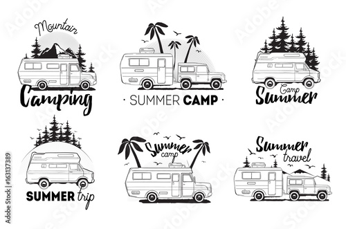 Set of camping trailer logo. camper vans against landscape background with lettering mountain, summer camp, trip. Black and white composition collection.