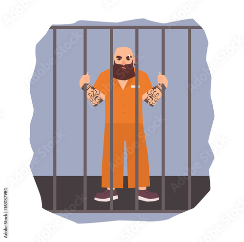 Colorful illustration featuring male prisoner under arrest. Angry man holding iron cell. Flat vector illustration.