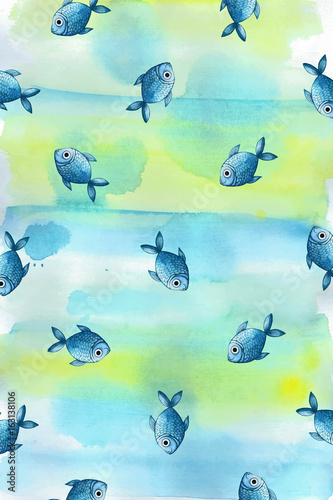Painted watercolor background of a blue hue with small blue blue fish, fish