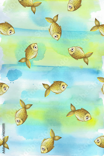 Painted watercolor background of a blue hue with small yellow, goldfish