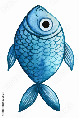 Painted watercolor drawing of fish, blue fish on white background