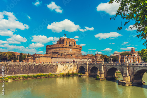 Saint Angel Castle and bridge over the Tiber river in Rome, Italy