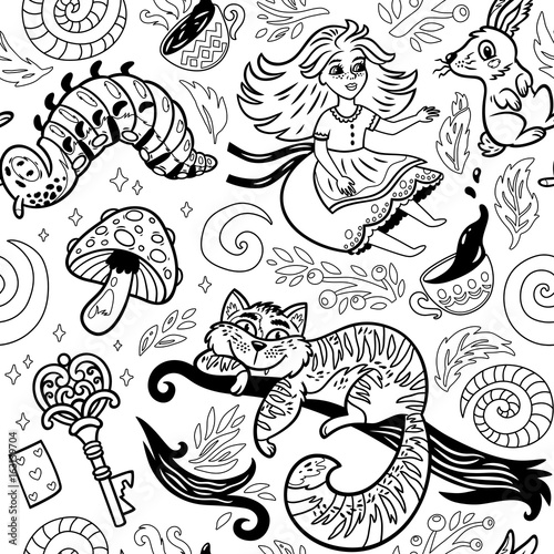 Fairytale ink background with cartoon characters from Alice in wonderland