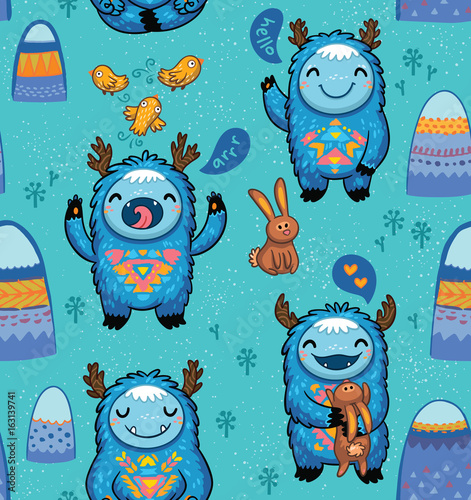 Cute forest monsters seamless pattern in blue, turquoise colors