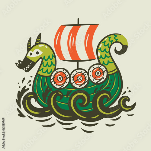 Cartoon ship. Scandinavian viking drakkar