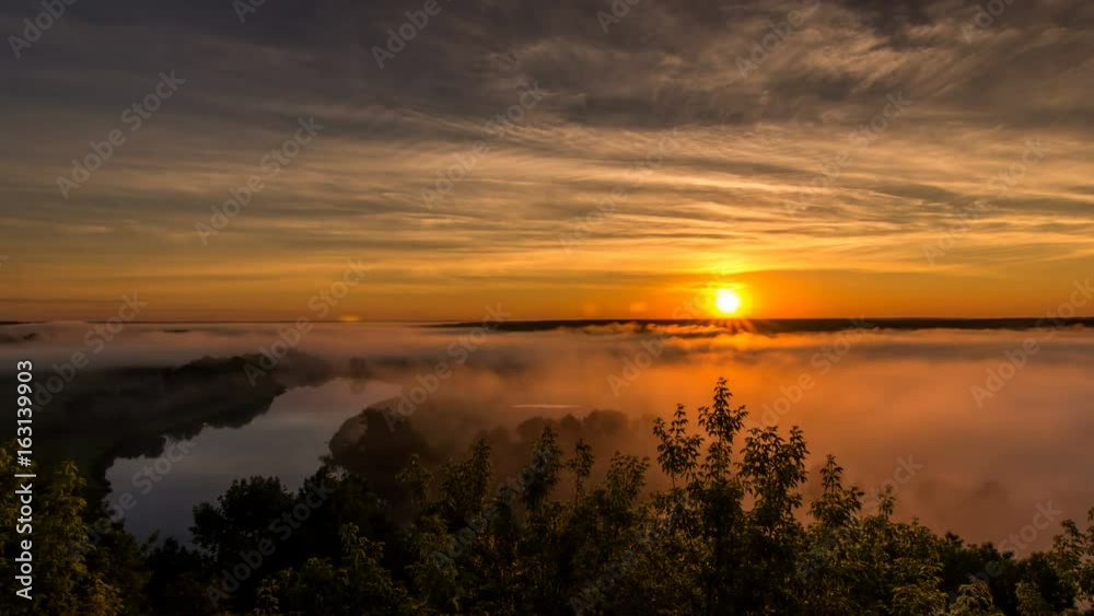Sunrise over the river, field and forest, the fog dissipates, Time lapse 4k Sunrise over the river, field and forest, the fog dissipates, Time lapse 4k