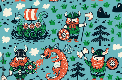 Seamless pattern with vikings for design fabric, backgrounds, wrapping paper