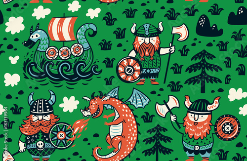Seamless pattern with vikings for design fabric, backgrounds, wrapping paper