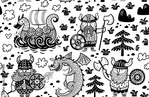 Seamless pattern with vikings in monochrome style