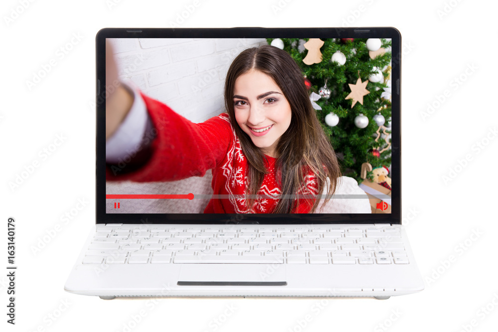 blogging concept - beautiful girl blogger on laptop screen blogging concept - beautiful girl blogger on laptop screen