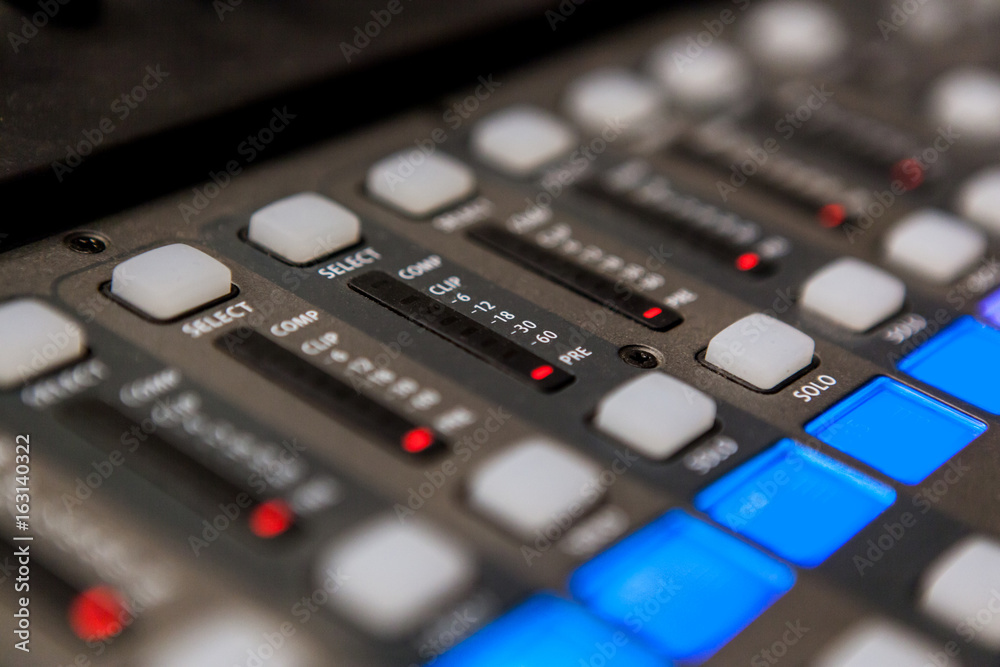 Recording studio equipment. Professional audio mixing console Recording studio equipment. Professional audio mixing console