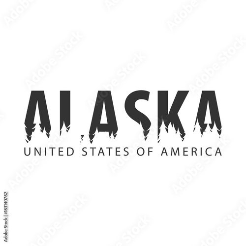 Alaska. USA. United States of America. Text or labels with silhouette of forest.