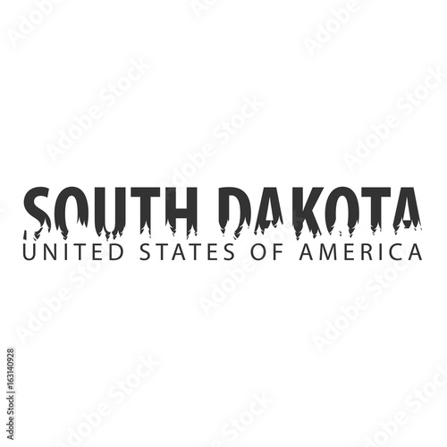 South Dakota. USA. United States of America. Text or labels with silhouette of forest. photo