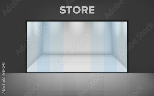 Empty illuminated store. Realistic exterior. Shop with glass showcase. View from the outside. Vector illustration.
