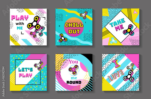 Fidget spinner posters set in trendy 80s-90s memphis style with geometric patterns and shapes. Vector illustration with and colorful background
