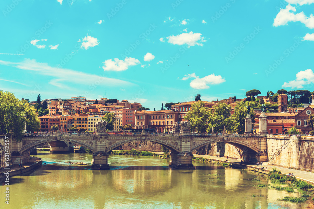 rome overview with river and ancient bridge