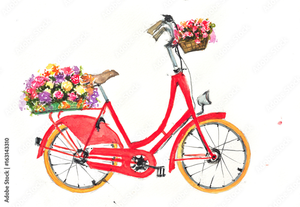Red retro bicycle with flowers in basket on white background, watercolor hand drawn on paper for home decorate