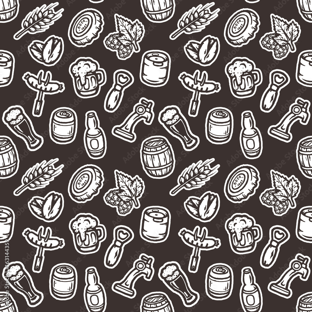 Hand drawn seamless pattern with beer stuff.