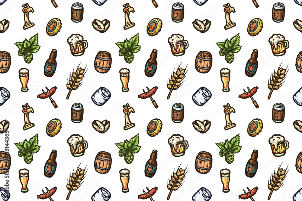Hand drawn seamless pattern on a beer theme.