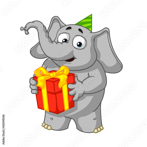 Big collection vector cartoon characters of elephants on an isolated background. Holds a gift, congratulates