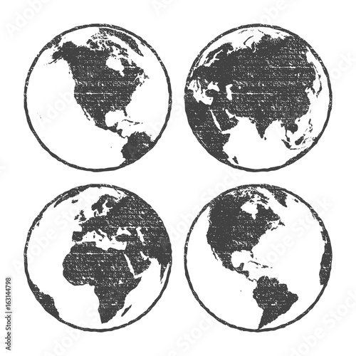 Grunge texture gray world map globe set transparent vector illustration