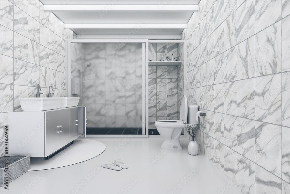 3D Rendering illustration of White toilet and bathroom with marble