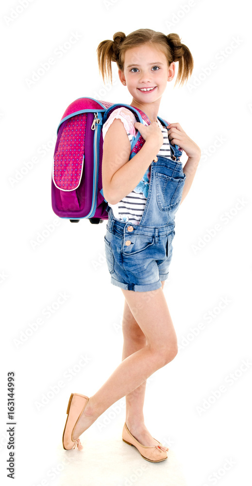 Portrait of smiling happy school girl child with school bag isolated Portrait of smiling happy school girl child with school bag isolated