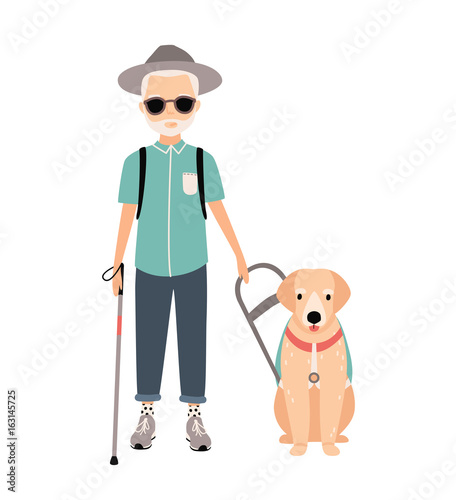 Blind man. Colorful image featuring visually impaired elderly with guide dog on white background. Flat vector cartoon illustration.