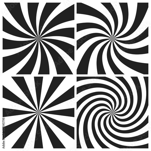 Psychedelic spiral with radial gray rays. Swirl twisted retro background. Comic effect vector illustration set