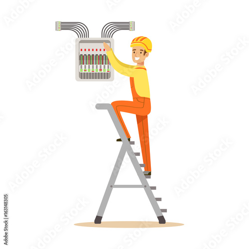 Electrician standing on a stepladder and screwing equipment in fuse box, electric man performing electrical works vector Illustration