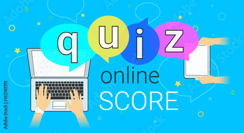 Onlinequiz interview and online high score game on laptop and pc concept illustration. Human hands typing on laptop and tablet for asking, examing and answering questions. Creative quiz speech bubbles