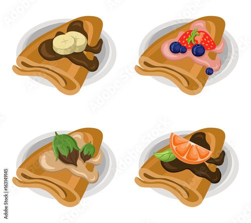 Pancakes set chocolate syrop and banana and fruits flavor Vector icon template retro style dotted background
