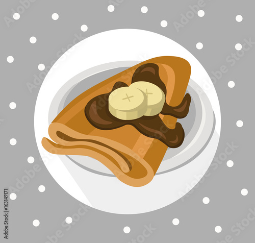 Pancakes chocolate syrop and banana flavor Vector icon template retro style dotted background