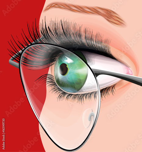 vector illustration with green eye with long lashes and glasses