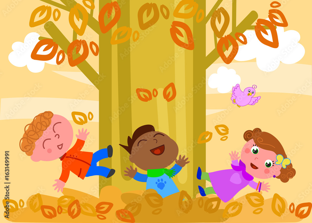 Fototapeta premium Three children having fun with dried leaves in autumn, vector illustration