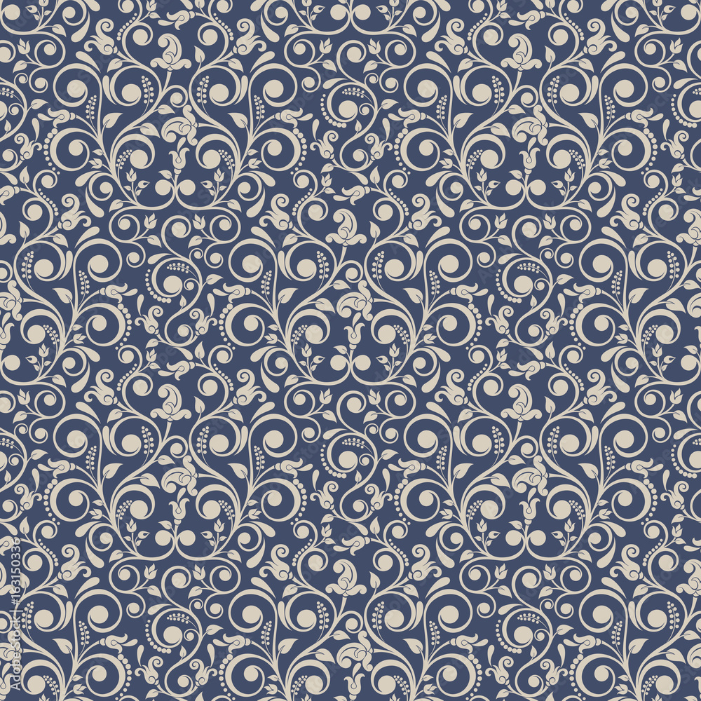 Seamless background baroque style blue and beige. Vintage Pattern. Retro Victorian. Ornament in Damascus style. Elements of flowers, leaves. Vector illustration. Wallpaper, print packaging, textiles.