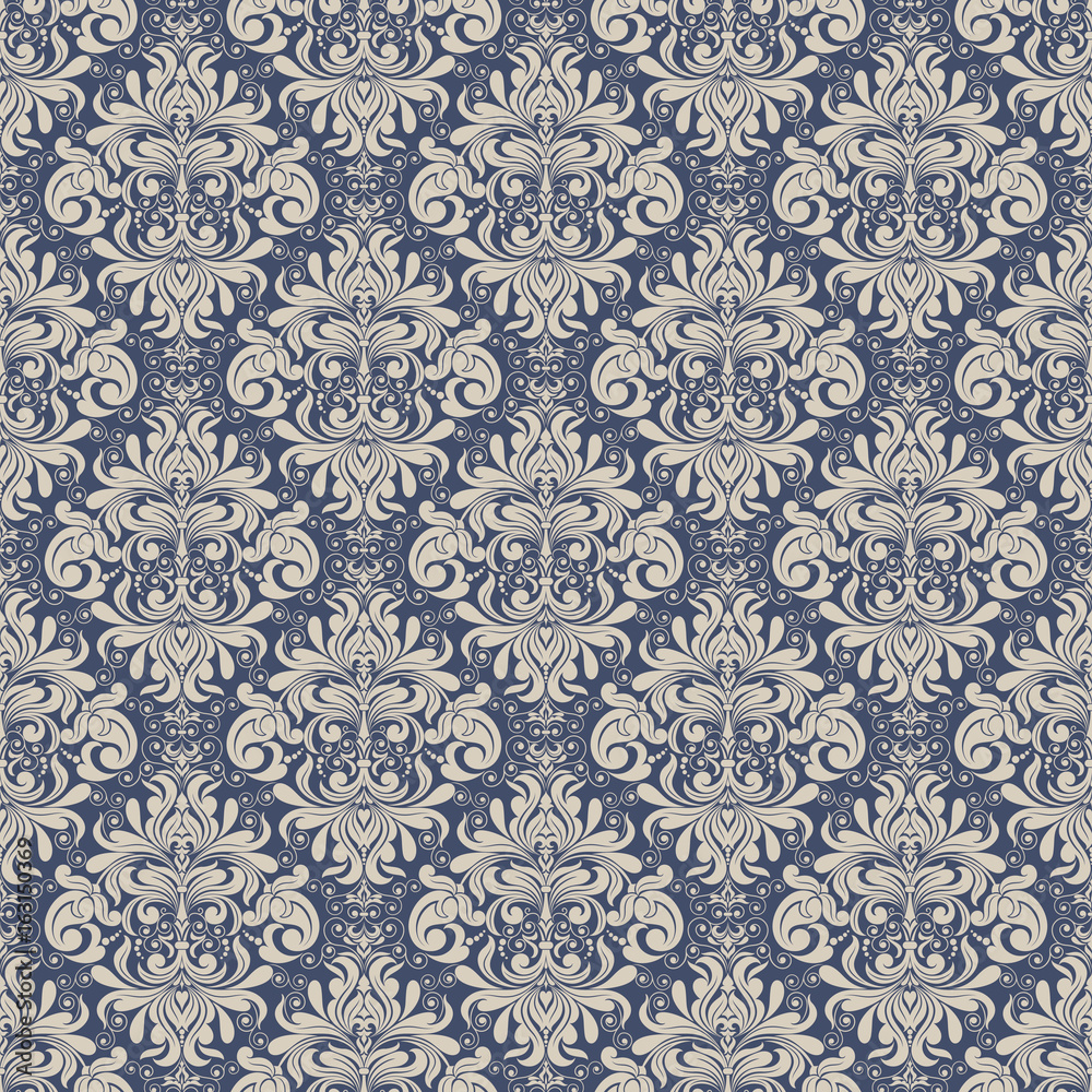 Seamless background baroque style blue and beige. Vintage Pattern. Retro Victorian. Ornament in Damascus style. Elements of flowers, leaves. Vector illustration. Wallpaper, print packaging, textiles.