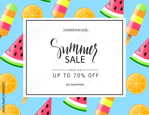 Summer sale banner, poster with watermelon, orange and ice cream. Vector illustration.