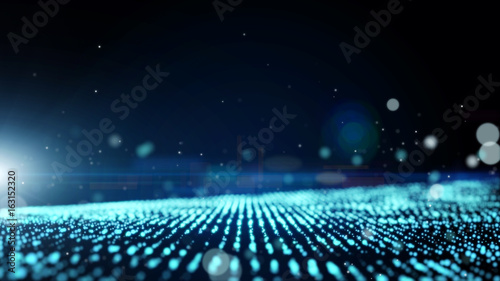 Dark blue abstract animation background with moving and flicker particles form. Backdrop of bokeh light ray effect.