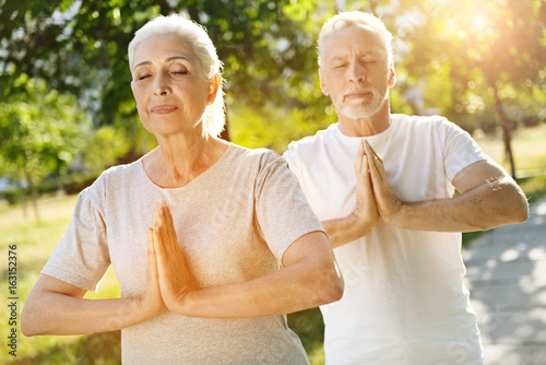 Delighted aged couple meditating in the park