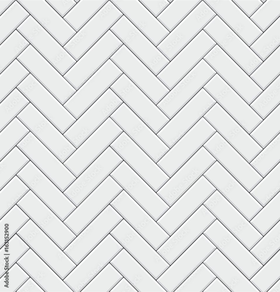 Seamless pattern with modern rectangular herringbone white tiles. Realistic diagonal texture. Vector illustration. - obrazy, fototapety, plakaty 