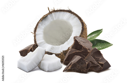 Coconut chocolate green leaf isolated on white