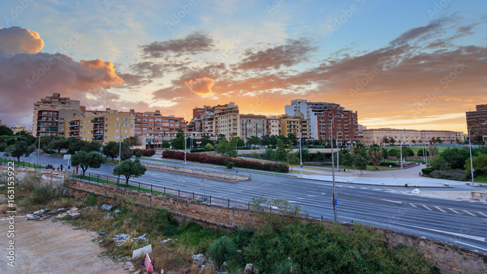 Beautiful cityscape sunrise in Avenidas street Palma of Majorca